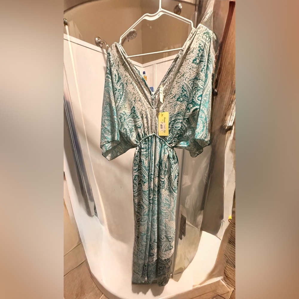 ETC Lazy Daisy Teal and White Paisley V-Neck Dress - Picture 7 of 7